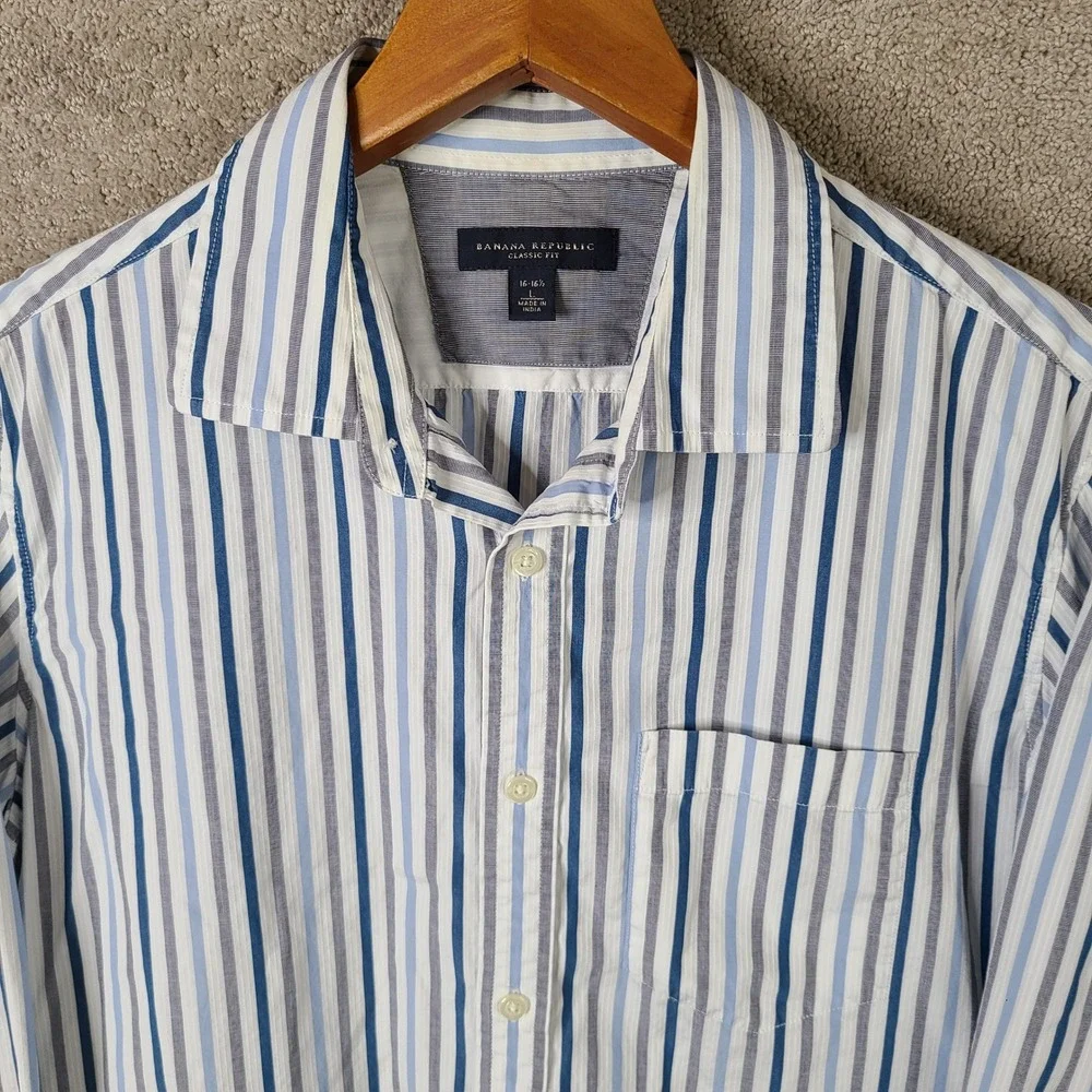 Banana Republic Shirt Mens L Blue Gray Striped Classic Fit Long Sleeve Button Up